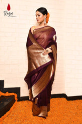 Wine Pure Kora Organza Banarasi Handloom Silk Saree With Gold Zari Kadhua Boota